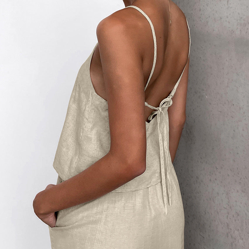Women's Cotton Linen Two-Piece Set - Relaxed Fit Sleeveless Top & Wide-Leg Trousers for Summer | Beige