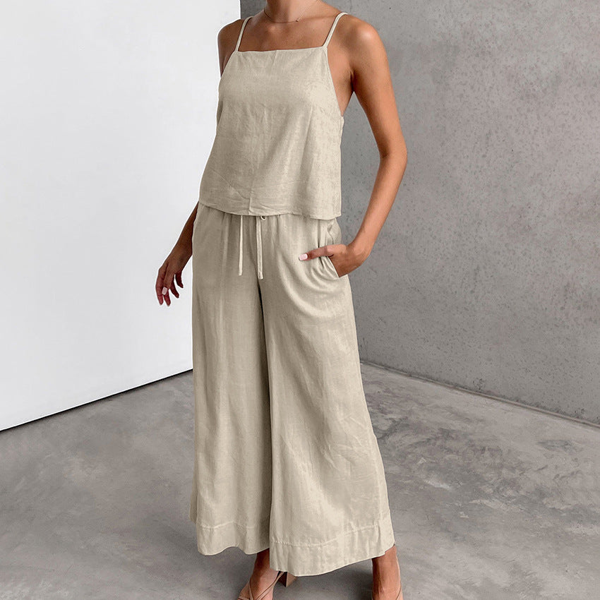 Women's Cotton Linen Two-Piece Set - Relaxed Fit Sleeveless Top & Wide-Leg Trousers for Summer | Beige