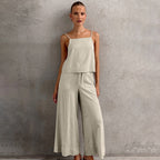 Women's Cotton Linen Two-Piece Set - Relaxed Fit Sleeveless Top & Wide-Leg Trousers for Summer | Beige