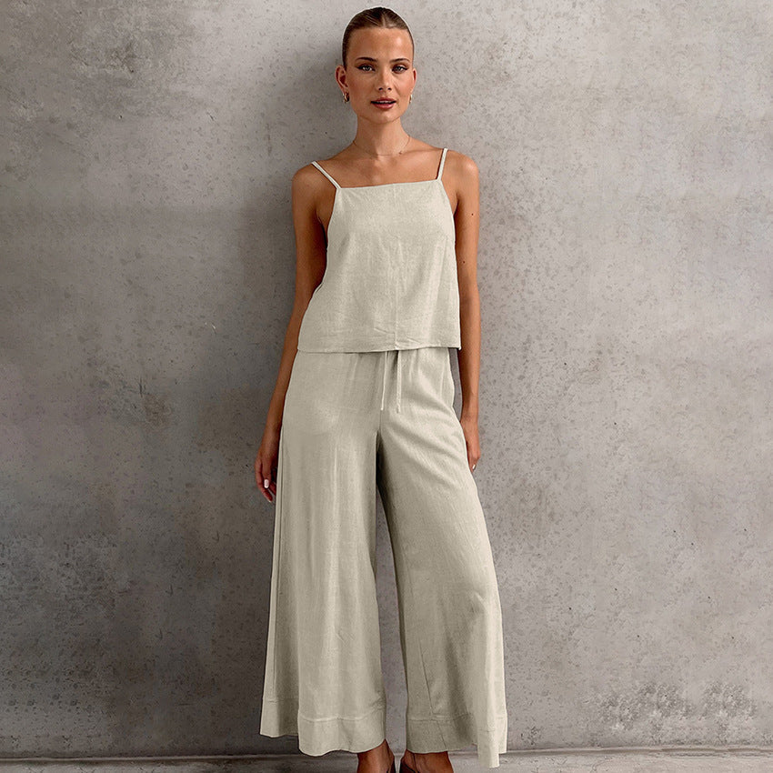 Women's Cotton Linen Two-Piece Set - Relaxed Fit Sleeveless Top & Wide-Leg Trousers for Summer | Beige