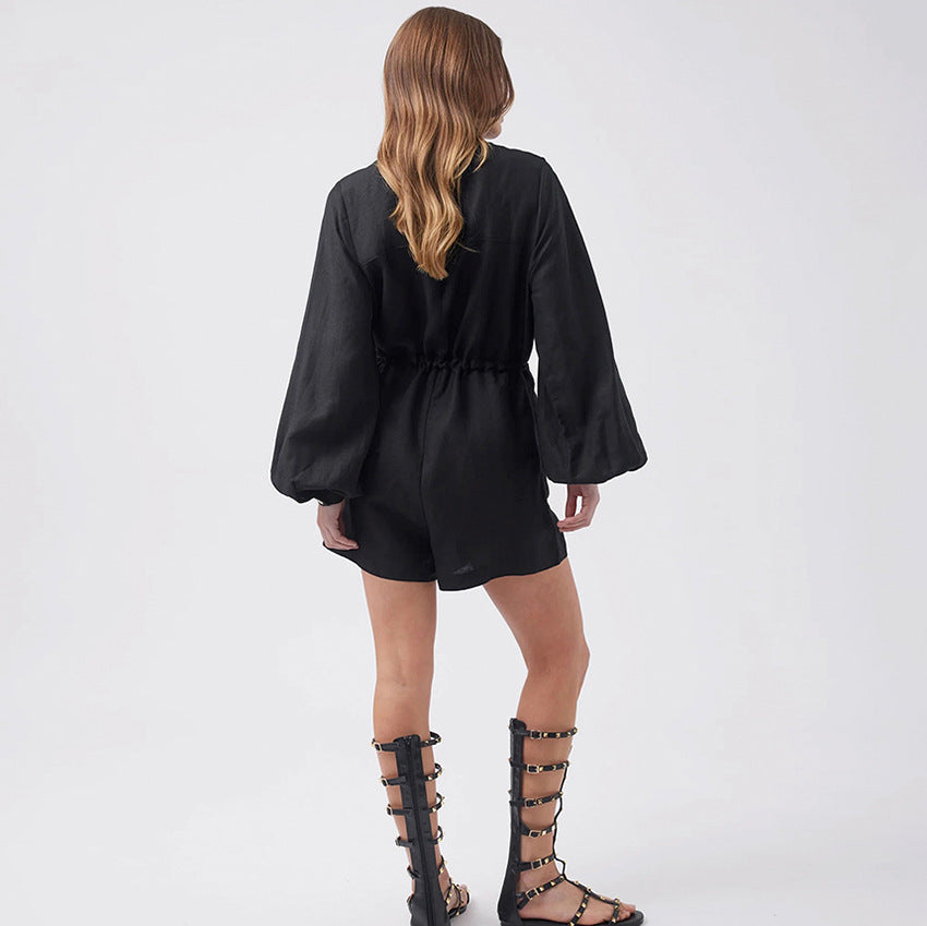 Women's Cotton Linen Black Utility Romper - Relaxed Fit, Button Front, Drawstring Waist