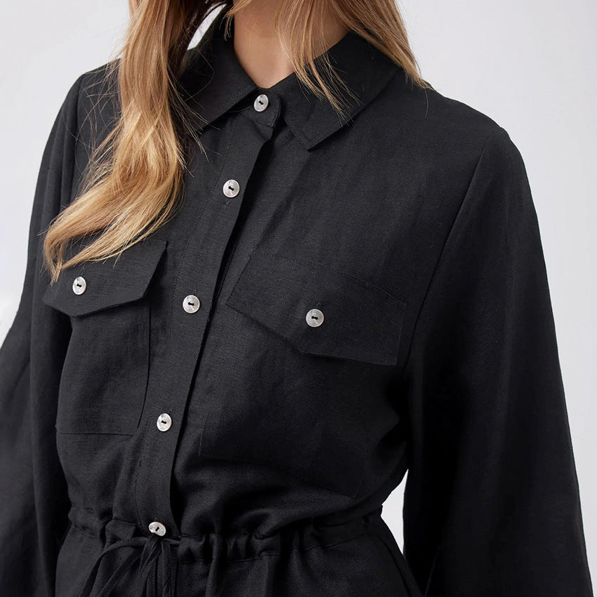 Women's Cotton Linen Black Utility Romper - Relaxed Fit, Button Front, Drawstring Waist