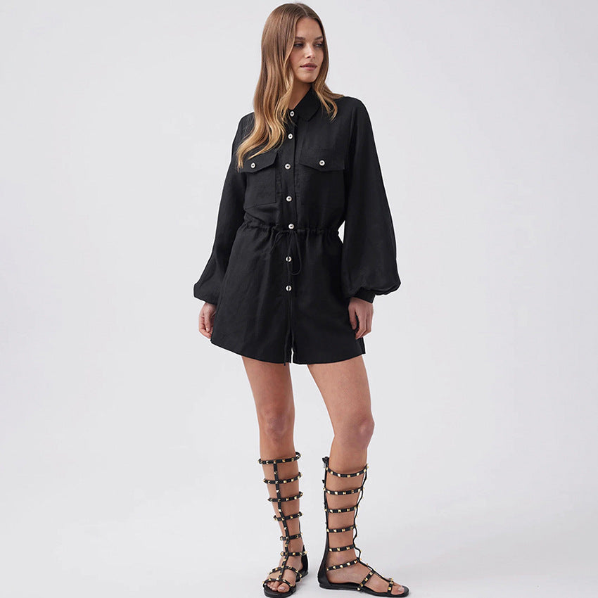 Women's Cotton Linen Black Utility Romper - Relaxed Fit, Button Front, Drawstring Waist