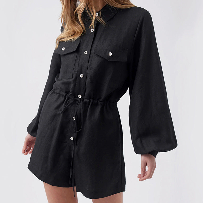 Women's Cotton Linen Black Utility Romper - Relaxed Fit, Button Front, Drawstring Waist L