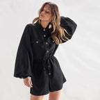 Women's Cotton Linen Black Utility Romper - Relaxed Fit, Button Front, Drawstring Waist