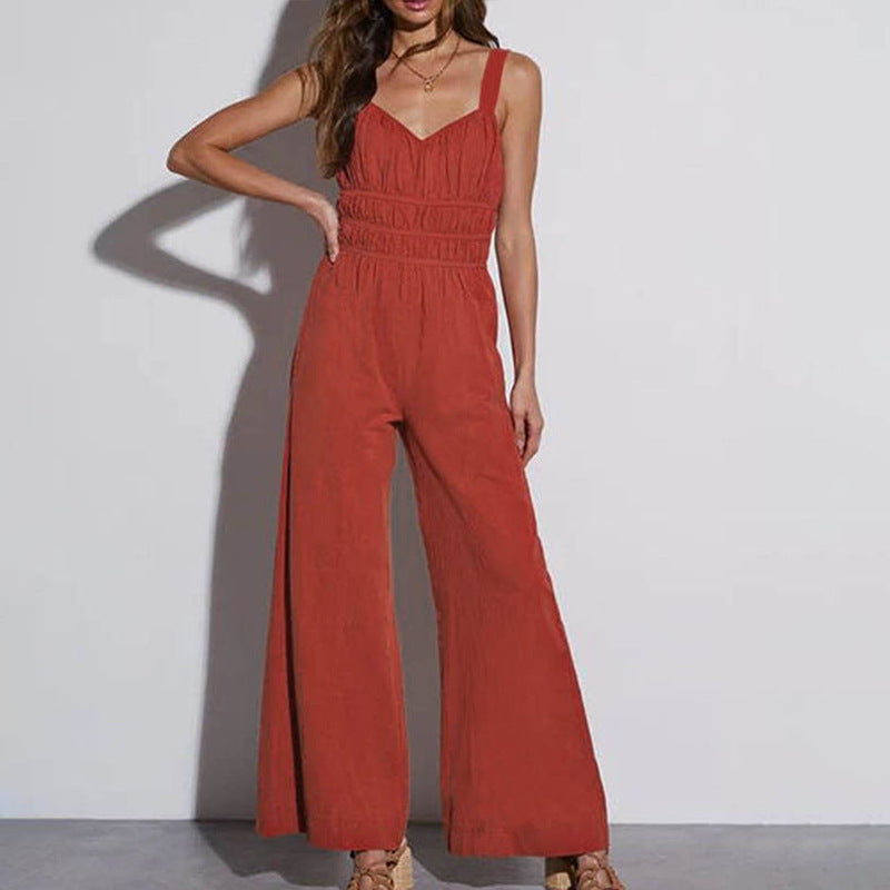 Women's Cotton Linen Wide Leg Jumpsuit - Sleeveless V-Neck, Elastic Waist | Red