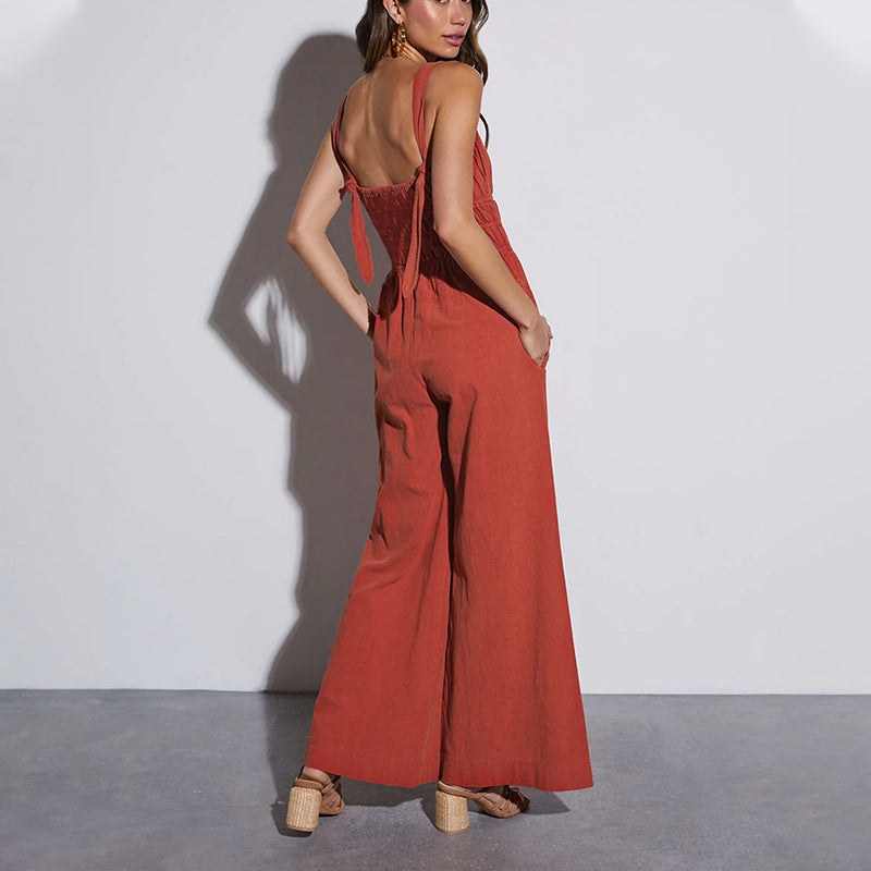 Women's Cotton Linen Wide Leg Jumpsuit - Sleeveless V-Neck, Elastic Waist | Red