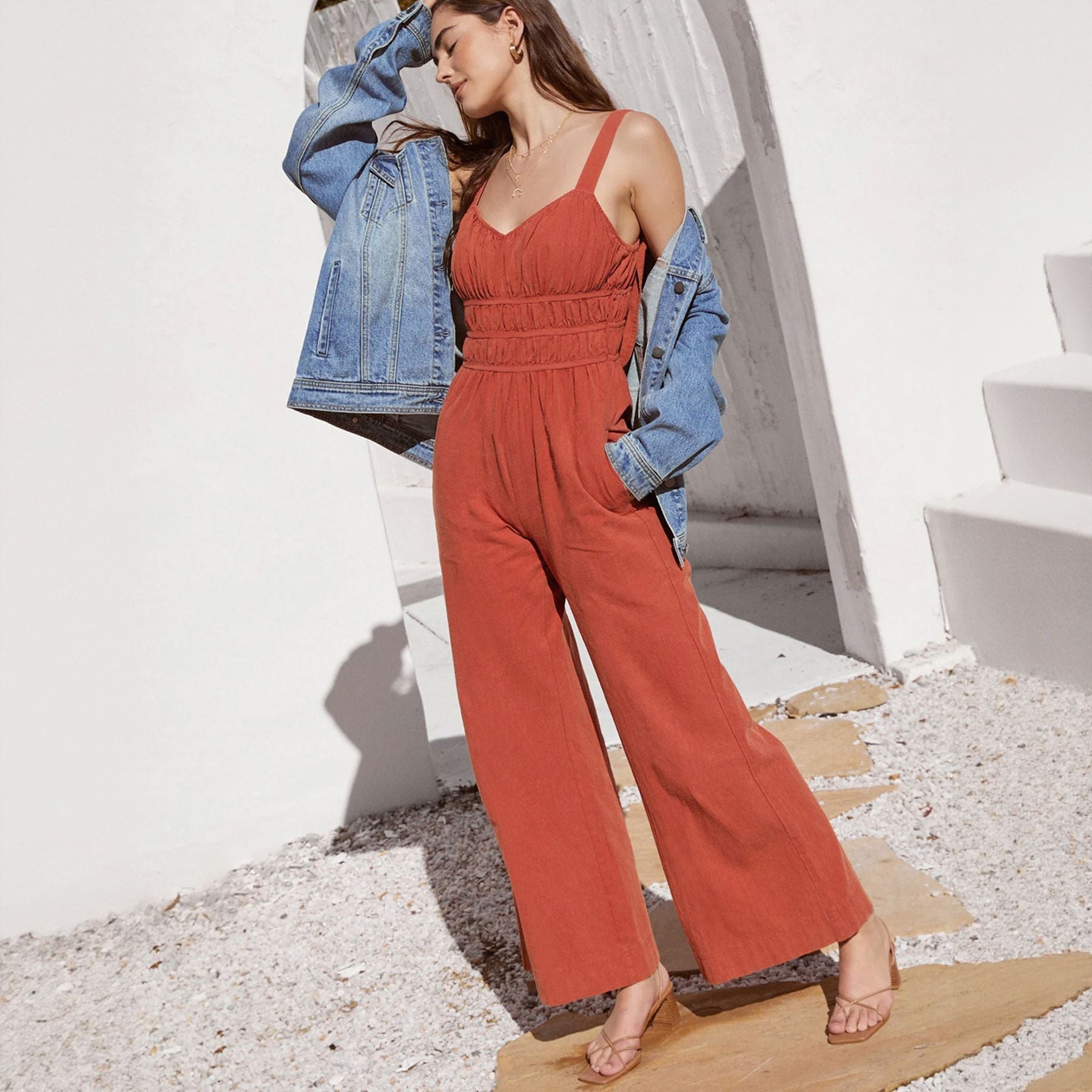 Women's Cotton Linen Wide Leg Jumpsuit - Sleeveless V-Neck, Elastic Waist | Red