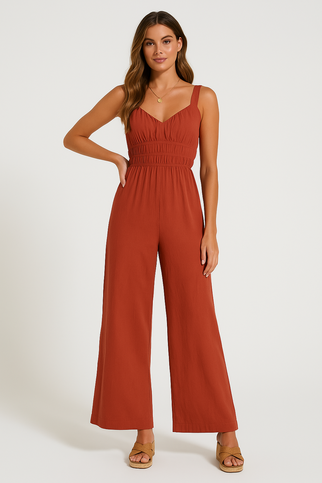 Women's Cotton Linen Wide Leg Jumpsuit - Sleeveless V-Neck, Elastic Waist | Red