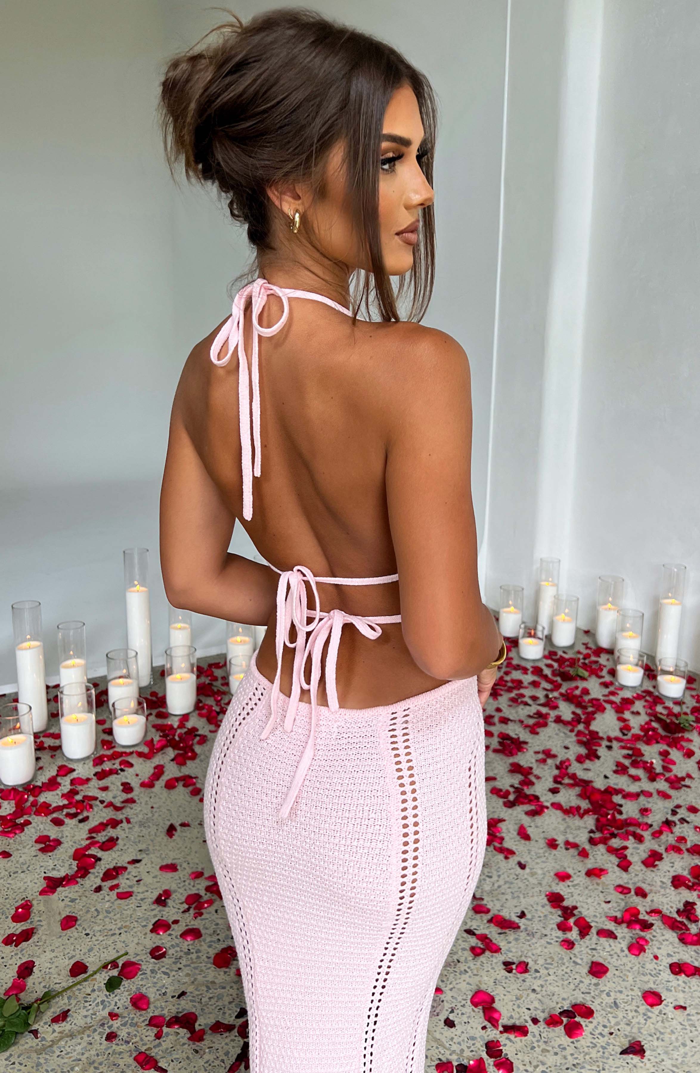 Women's Crochet Knit Maxi Dress with Plunge Halter Neckline and Backless Ties | Pink