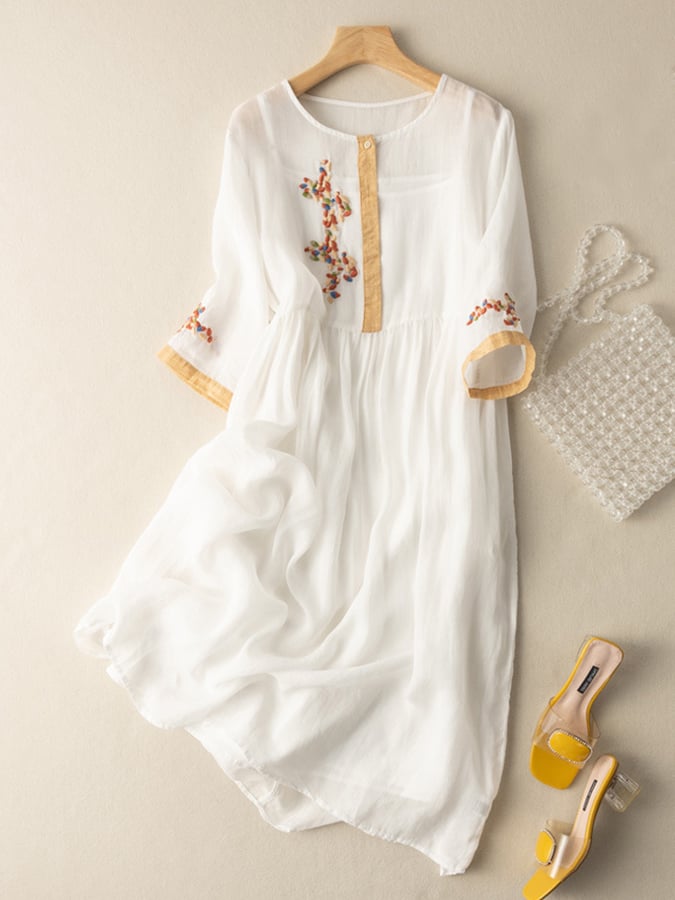 Women's Embroidered Linen Dress - Relaxed Fit, Button Placket, Mid-Length Sleeves White