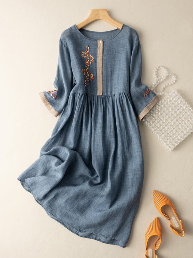 Women's Embroidered Linen Dress - Relaxed Fit, Button Placket, Mid-Length Sleeves Blue