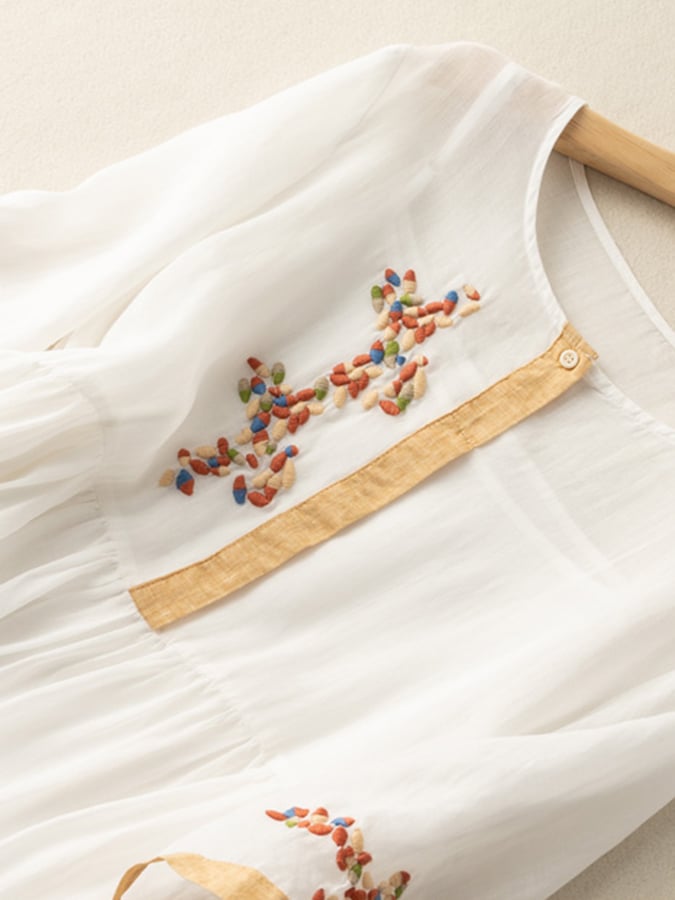 Women's Embroidered Linen Dress - Relaxed Fit, Button Placket, Mid-Length Sleeves