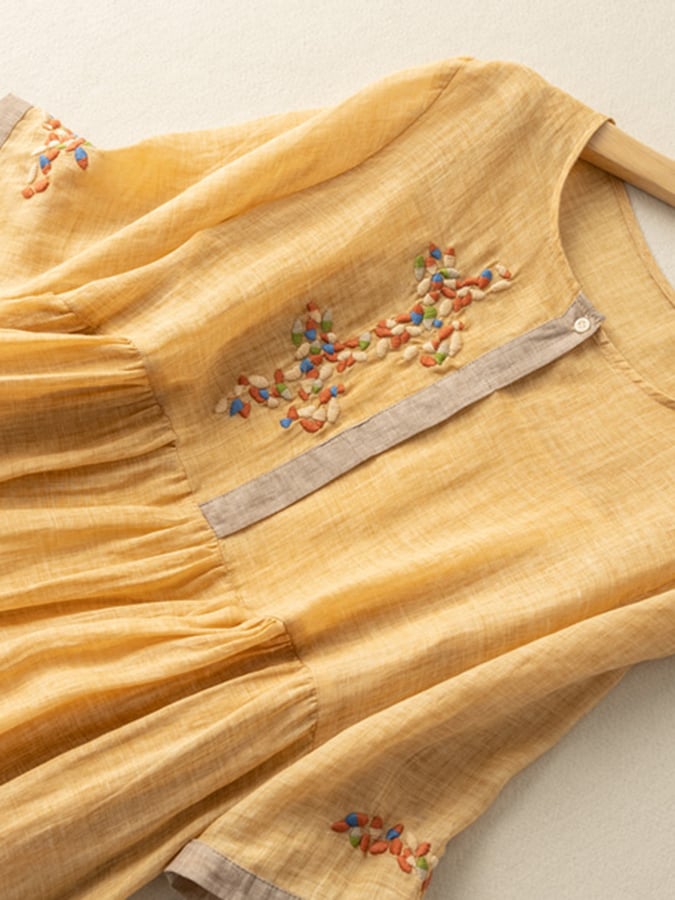 Women's Embroidered Linen Dress - Relaxed Fit, Button Placket, Mid-Length Sleeves