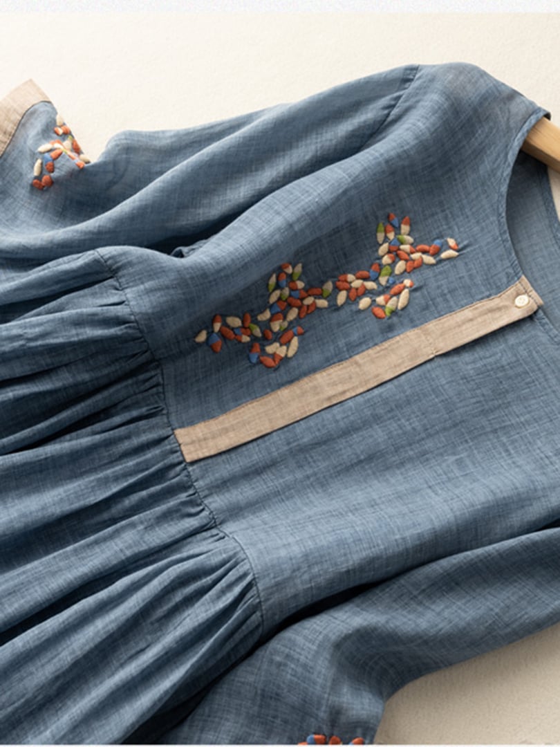 Women's Embroidered Linen Dress - Relaxed Fit, Button Placket, Mid-Length Sleeves