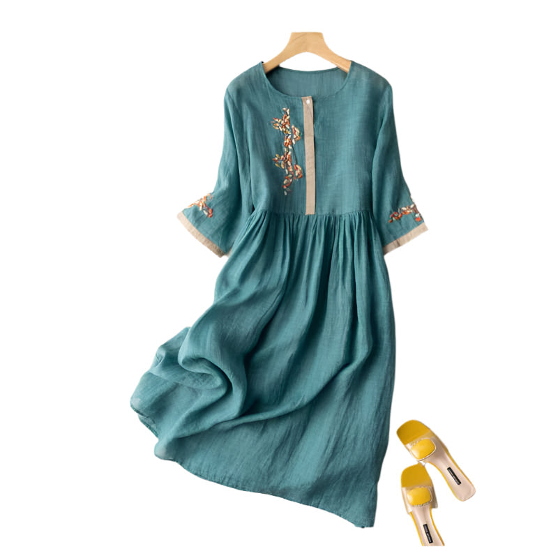 Women's Embroidered Linen Dress - Relaxed Fit, Button Placket, Mid-Length Sleeves Green