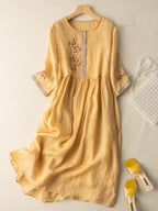 Women's Embroidered Linen Dress - Relaxed Fit, Button Placket, Mid-Length Sleeves Yellow