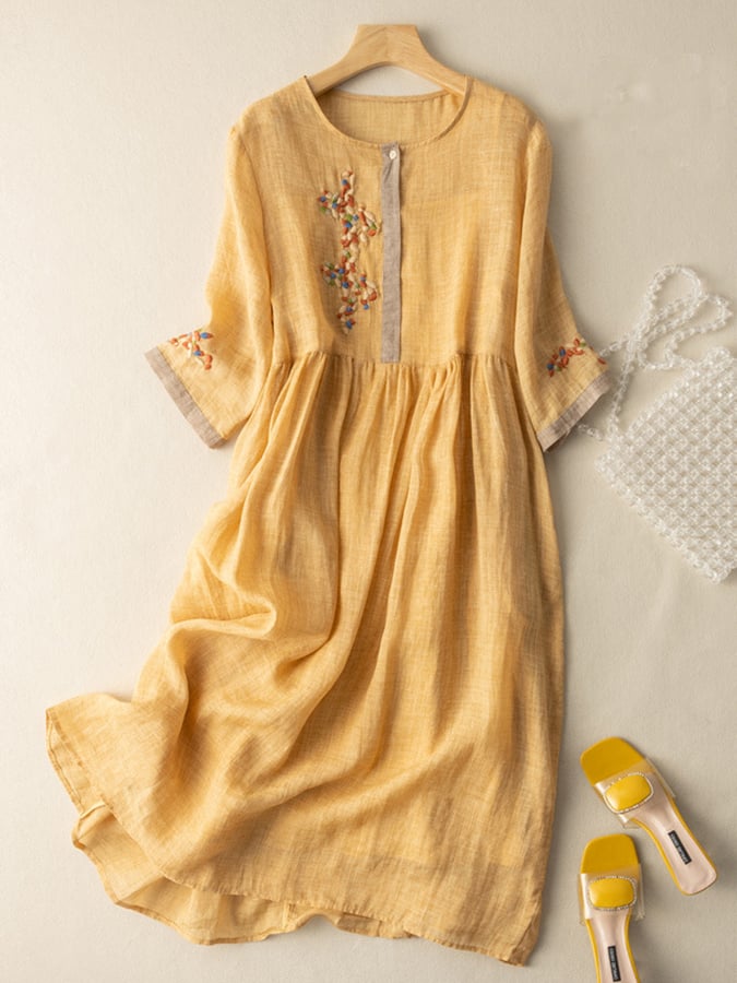 Women's Embroidered Linen Dress - Relaxed Fit, Button Placket, Mid-Length Sleeves Yellow