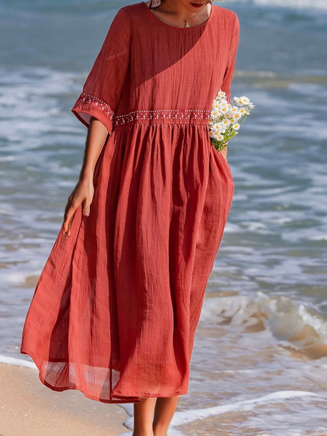 Women's Embroidered Loose Cotton Linen Dress - Stylish Summer Wear