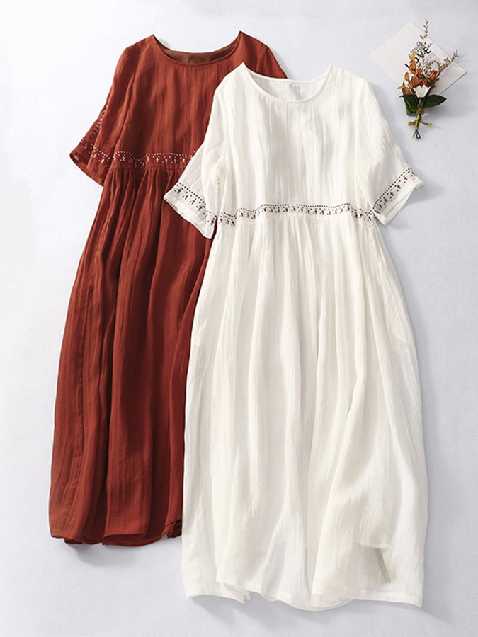 Women's Embroidered Loose Cotton Linen Dress - Stylish Summer Wear