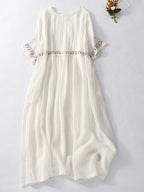 Women's Embroidered Loose Cotton Linen Dress - Stylish Summer Wear White