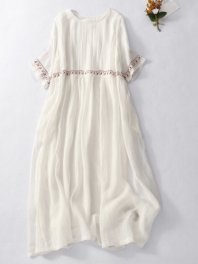 Women's Embroidered Loose Cotton Linen Dress - Stylish Summer Wear White