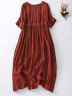 Women's Embroidered Loose Cotton Linen Dress - Stylish Summer Wear Red