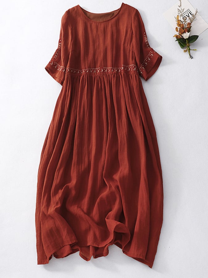 Women's Embroidered Loose Cotton Linen Dress - Stylish Summer Wear Red
