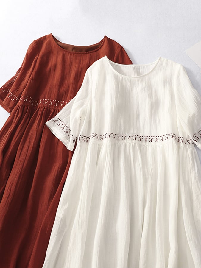 Women's Embroidered Loose Cotton Linen Dress - Stylish Summer Wear