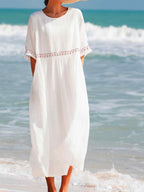 Women's Embroidered Loose Cotton Linen Dress - Stylish Summer Wear