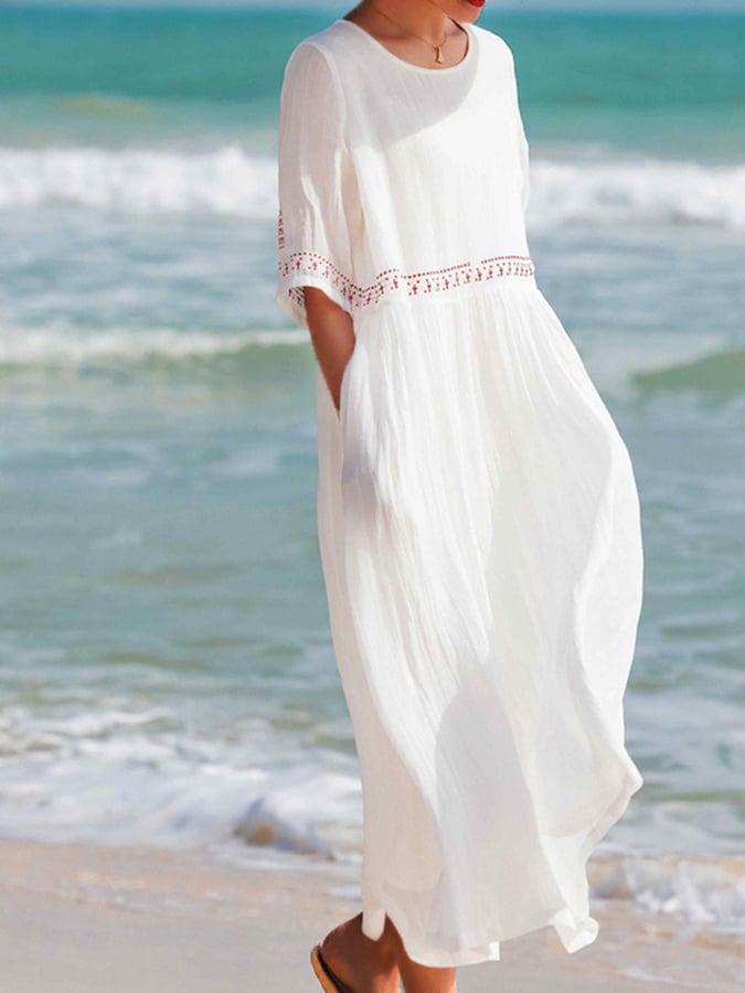 Women's Embroidered Loose Cotton Linen Dress - Stylish Summer Wear