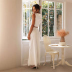 Women's Fitted Linen White Blend Long Dress with Waist Cut-Out & High Slit