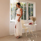 Women's Fitted Linen White Blend Long Dress with Waist Cut-Out & High Slit