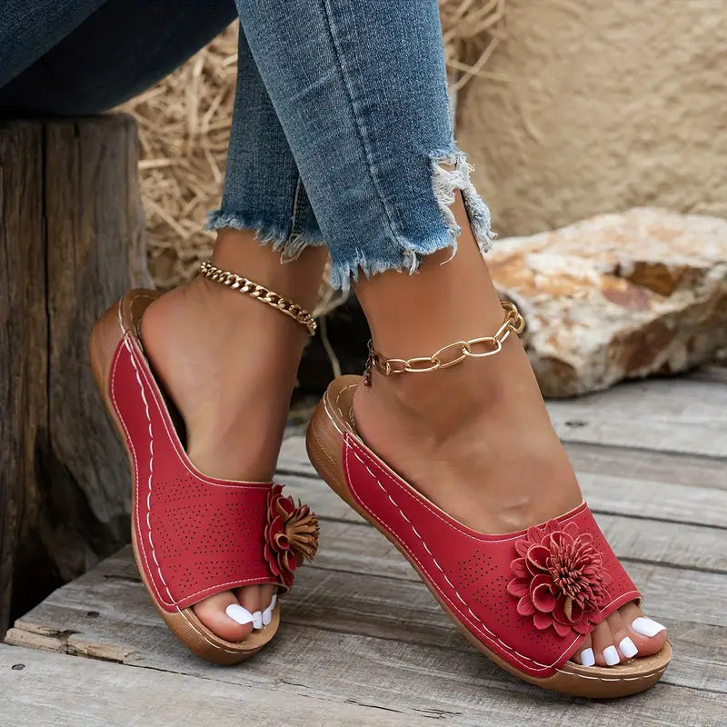 Women's Floral Design Orthopaedic Sandals - Comfortable Cushioned Sole & Elegant Style Red