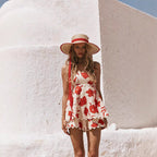 Women's Floral Linen Two-Piece Set - Cropped Top & Mini Shorts with Lace Trim for Summer