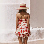 Women's Floral Linen Two-Piece Set - Cropped Top & Mini Shorts with Lace Trim for Summer