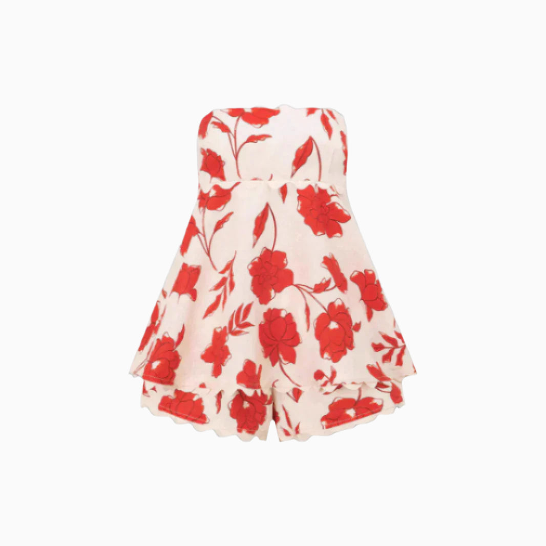 Women's Floral Linen Two-Piece Set - Cropped Top & Mini Shorts with Lace Trim for Summer