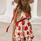 Women's Floral Linen Two-Piece Set - Cropped Top & Mini Shorts with Lace Trim for Summer