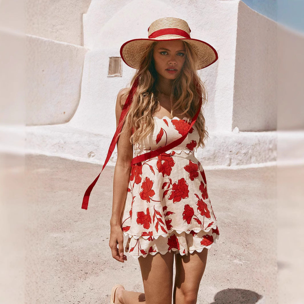 Women's Floral Linen Two-Piece Set - Cropped Top & Mini Shorts with Lace Trim for Summer XXL