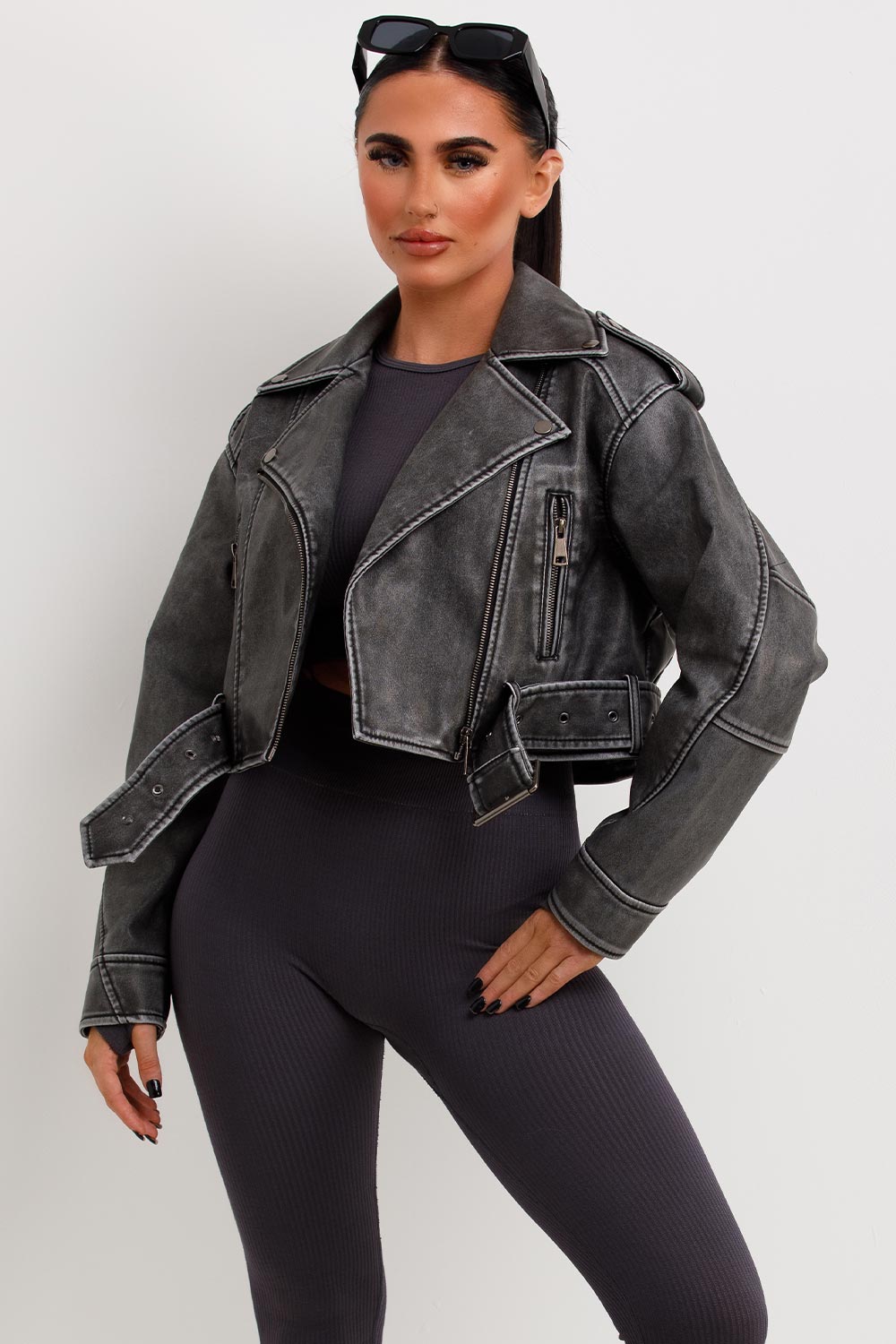Women's Grey Faux Leather Biker Jacket - Cropped Zip Lapel with Adjustable Belt (Vegan)
