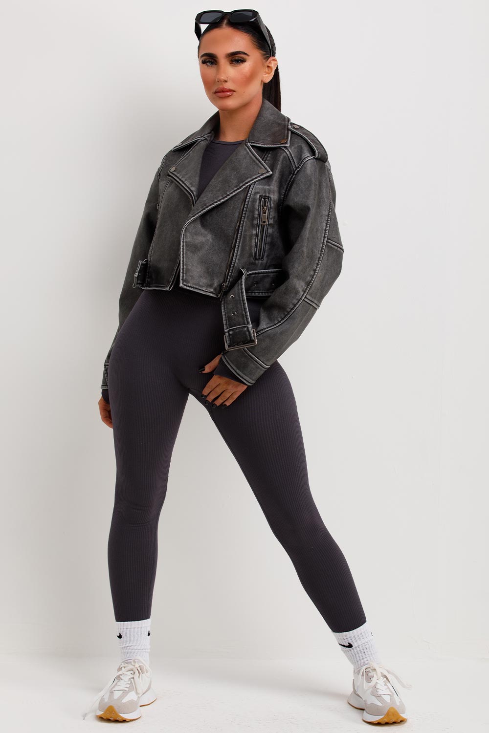 Women's Grey Faux Leather Biker Jacket - Cropped Zip Lapel with Adjustable Belt (Vegan)