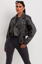 Women's Grey Faux Leather Biker Jacket - Cropped Zip Lapel with Adjustable Belt (Vegan)