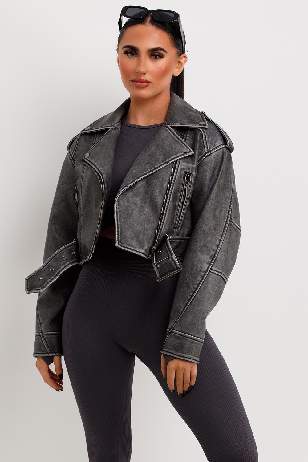 Women's Grey Faux Leather Biker Jacket - Cropped Zip Lapel with Adjustable Belt (Vegan)