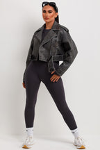 Women's Grey Faux Leather Biker Jacket - Cropped Zip Lapel with Adjustable Belt (Vegan)