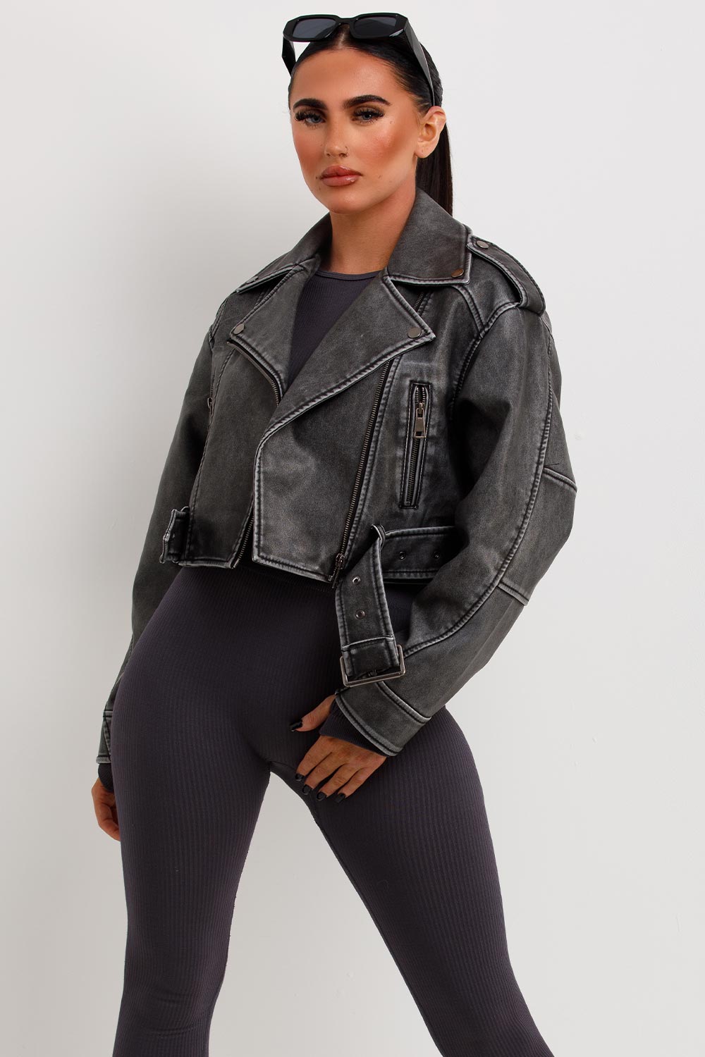 Women's Grey Faux Leather Biker Jacket - Cropped Zip Lapel with Adjustable Belt (Vegan)