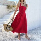 Women's Halter Neck Midi Dress - Cotton Linen Blend, Sleeveless A-Line Red