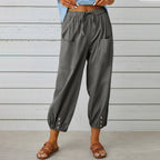 Women's High Waist Cropped Trousers - Cotton Linen Blend, Loose Casual Fit for Summer Grey