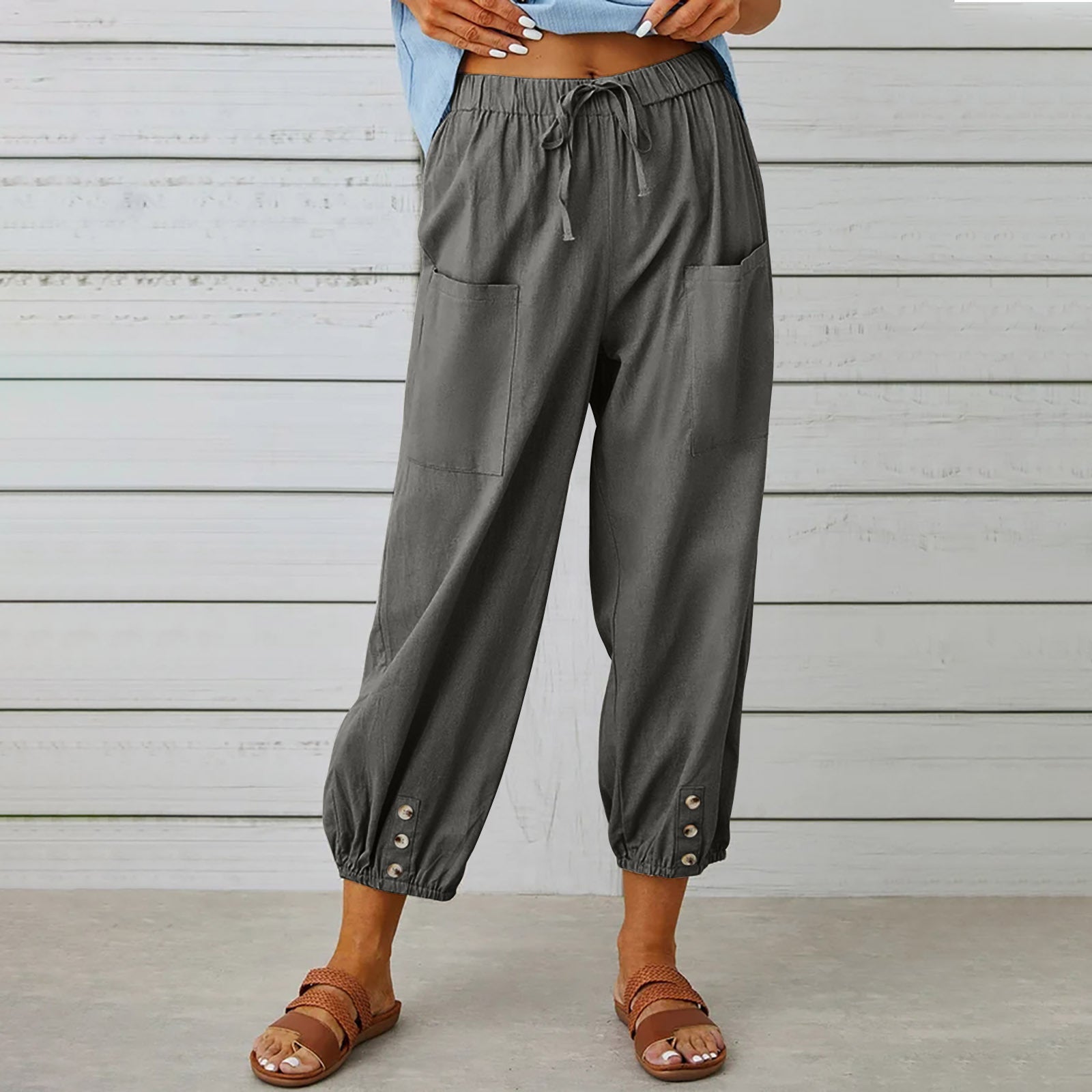Women's High Waist Cropped Trousers - Cotton Linen Blend, Loose Casual Fit for Summer Grey
