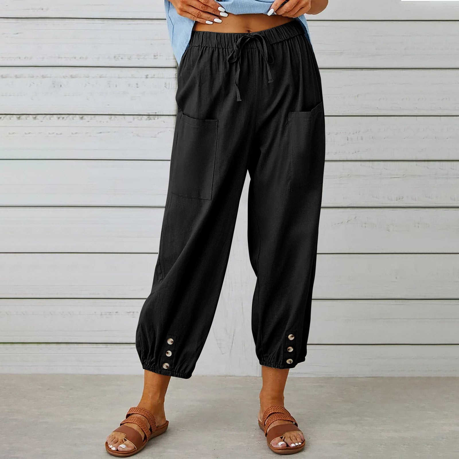 Women's High Waist Cropped Trousers - Cotton Linen Blend, Loose Casual Fit for Summer Black