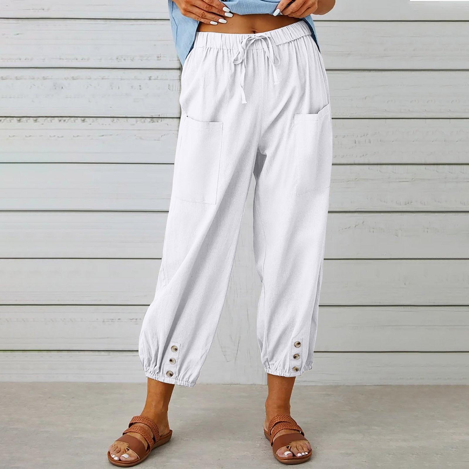 Women's High Waist Cropped Trousers - Cotton Linen Blend, Loose Casual Fit for Summer White